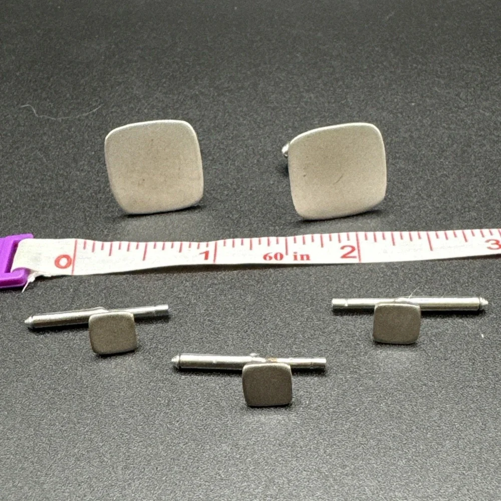 Vintage Silver Satin Cufflinks Button‎ Stud Set